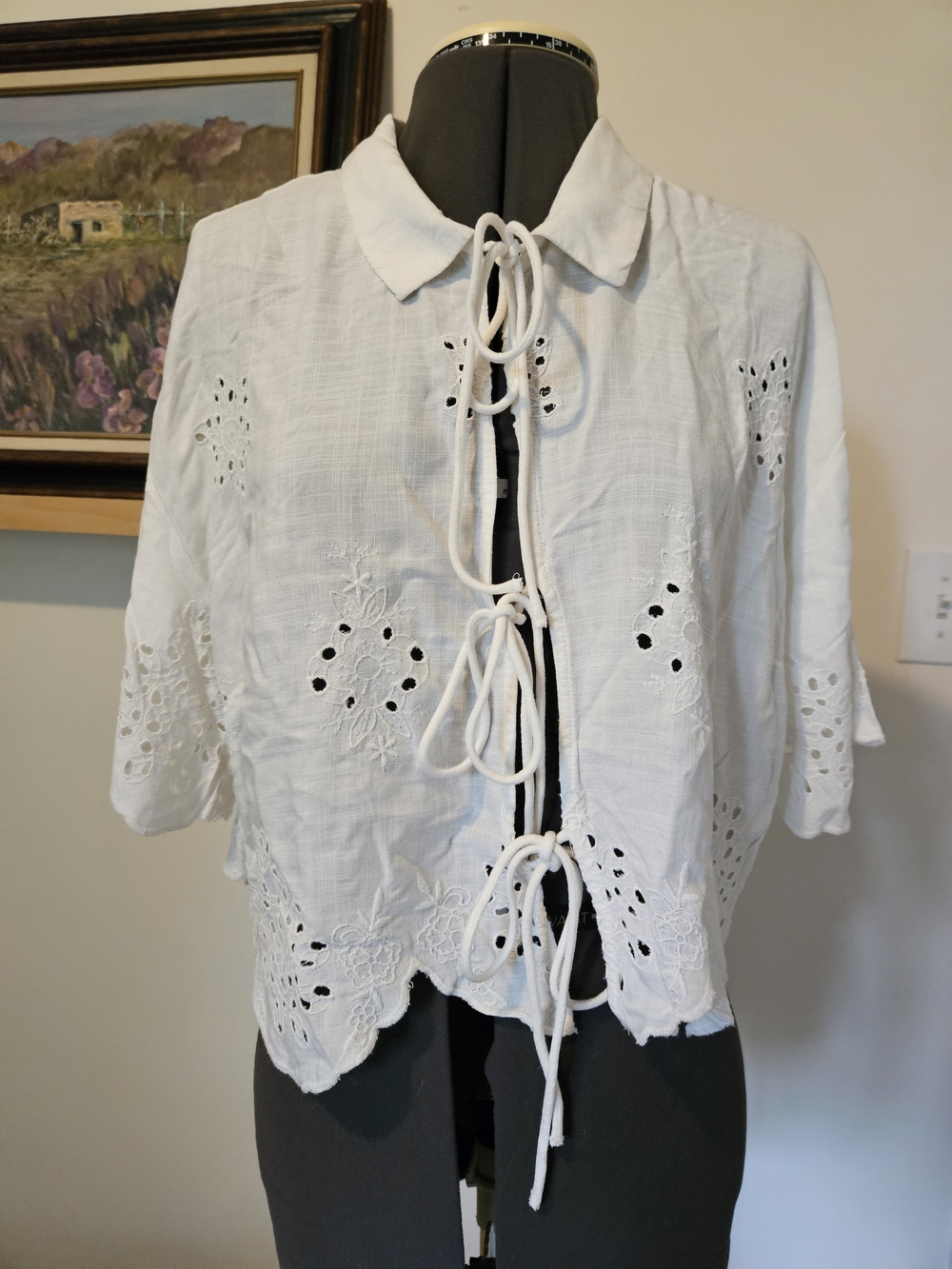 White Eyelet Tie-Front Blouse with Scalloped Hem